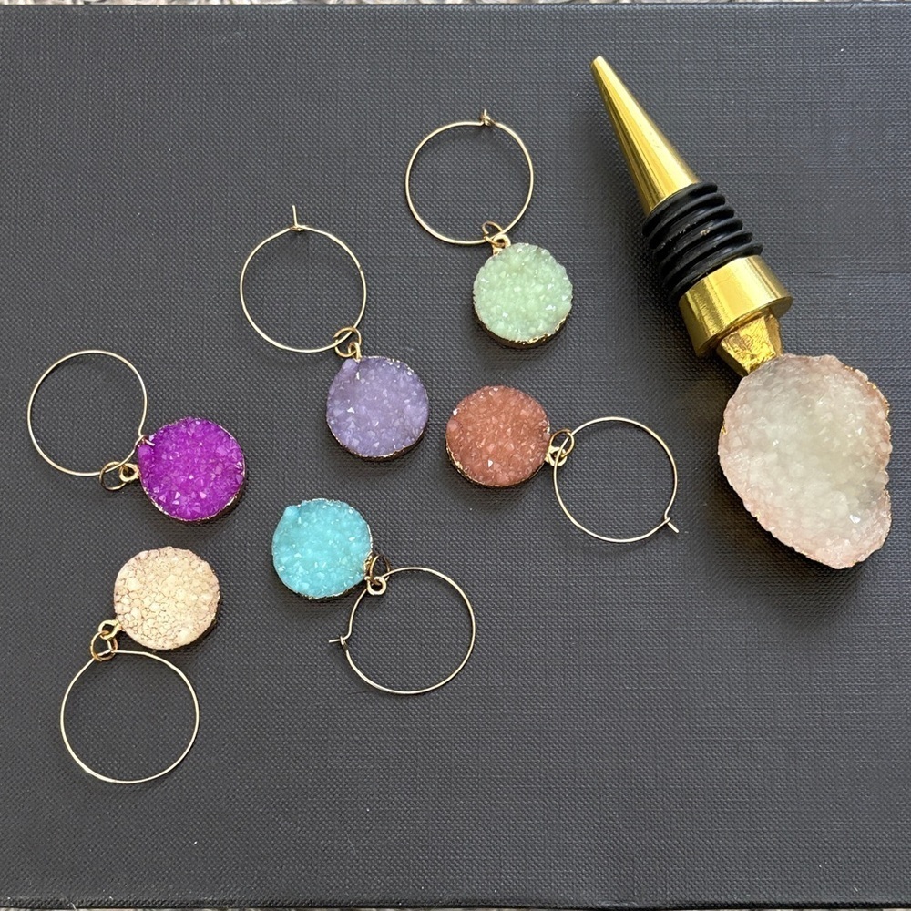 Gold and Druzy Multi-Colored Wine Glass Charms & Wine Bottle Stopper Set